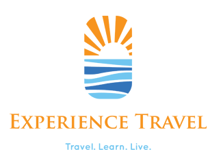 Travel logo with sun, waves, and tagline 'Travel. Learn. Live.'