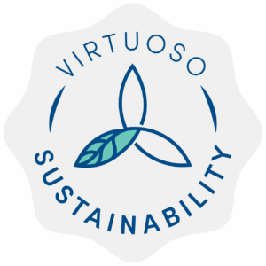 Logo featuring a three-leaf design with 'Virtuoso Sustainability' text.