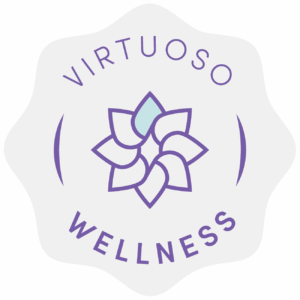 A purple floral logo with 'Virtuoso Wellness' text.